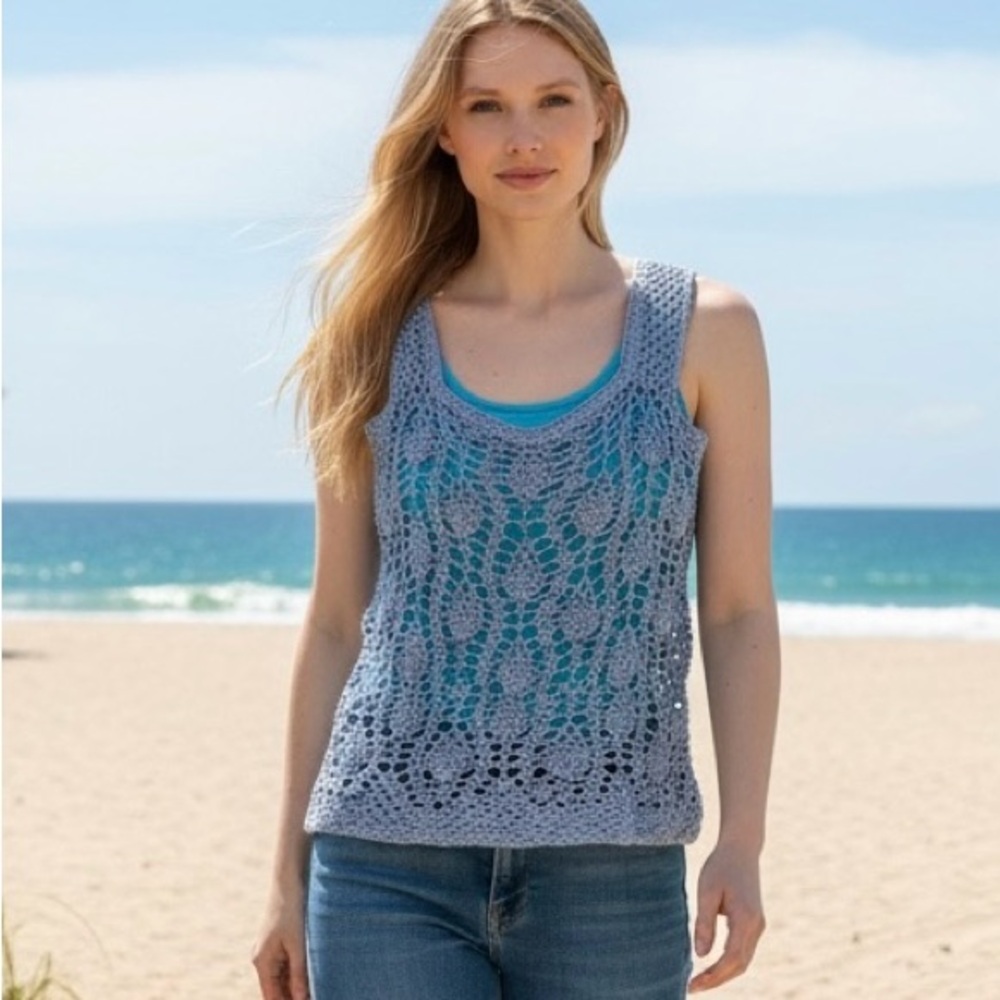 Top Tank Hand Crafted Boho Crochet Beachy Blue Festival Sleeveless XSmall